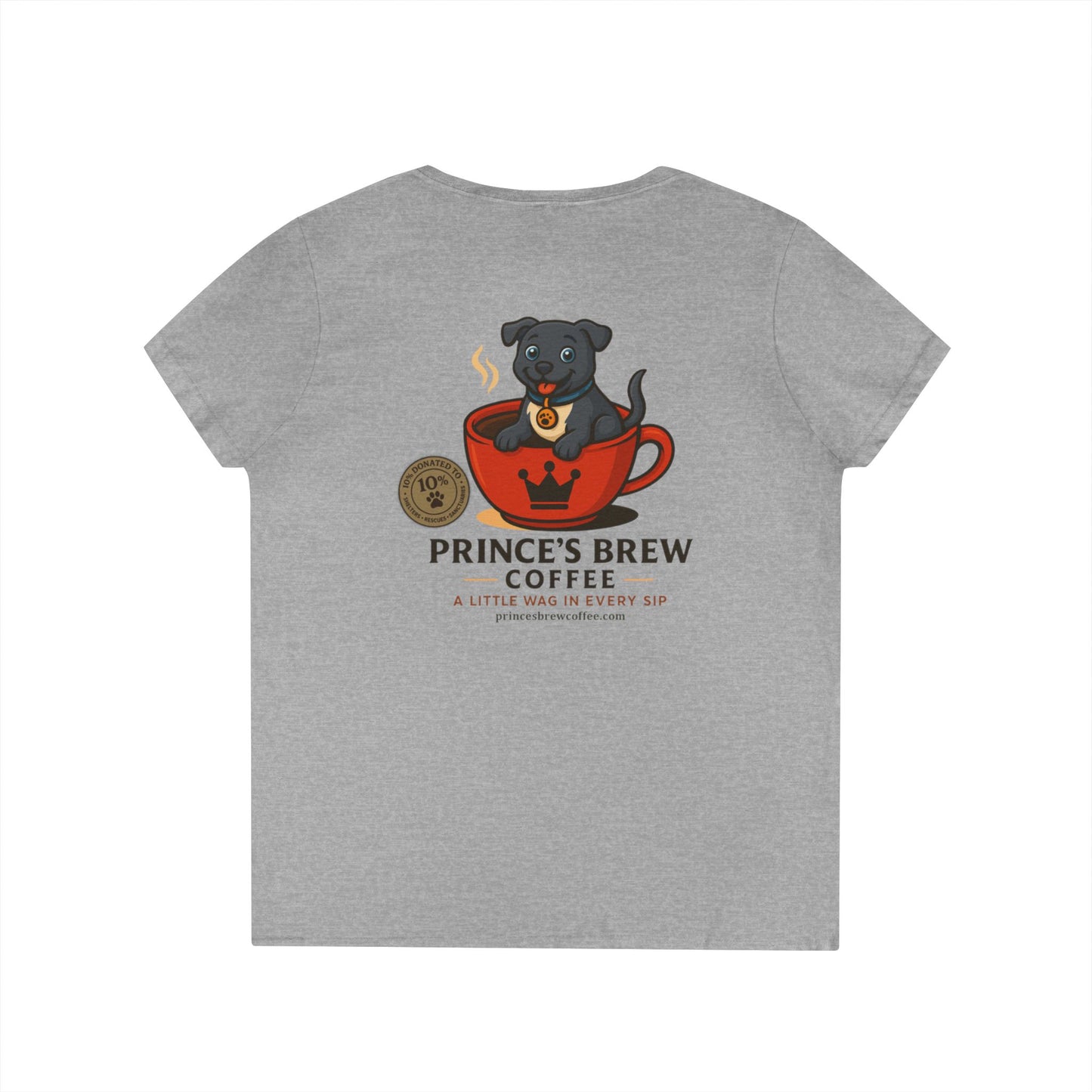 Prince’s Brew Coffee V-Neck Tee — 'A Little Wag in Every Sip'