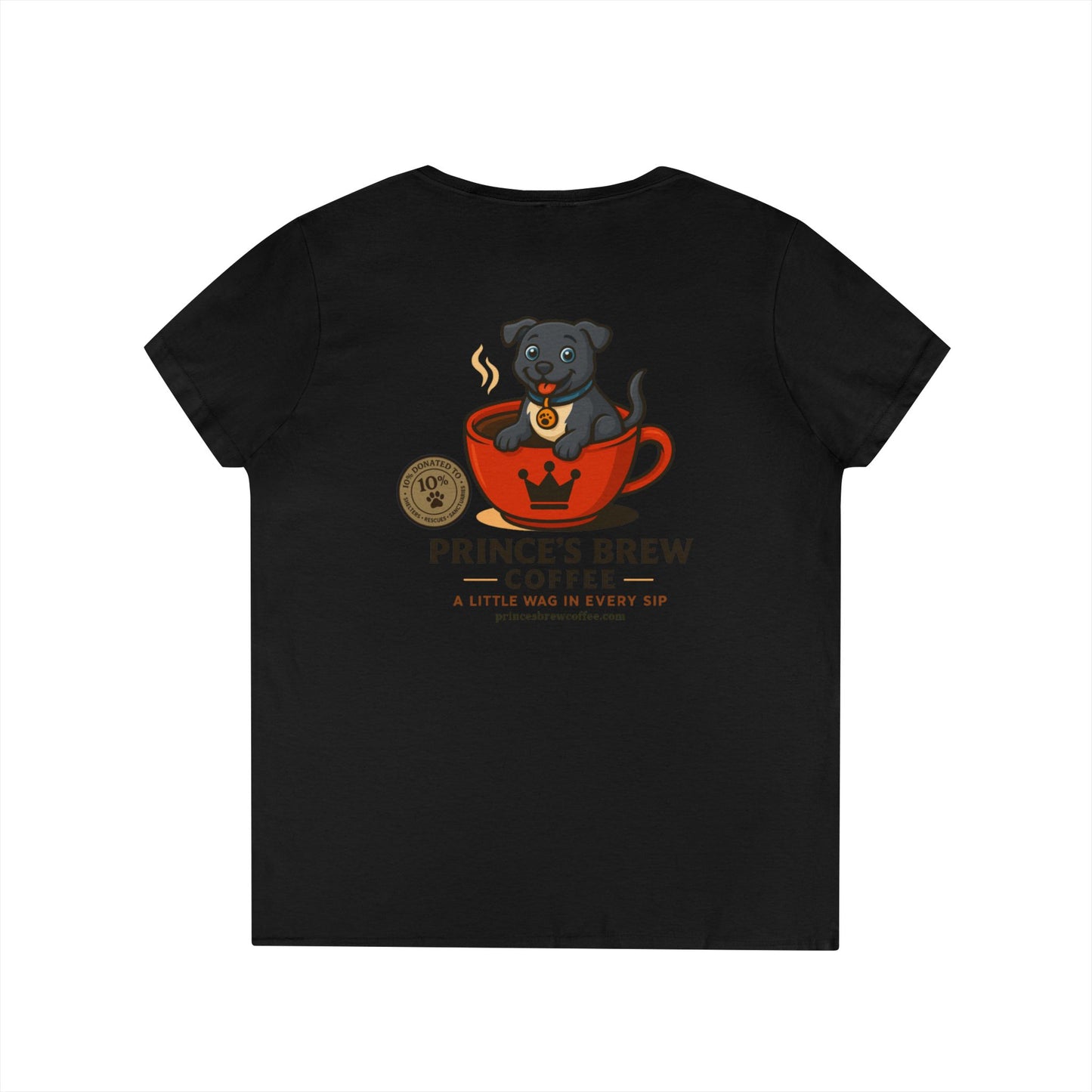 Prince’s Brew Coffee V-Neck Tee — 'A Little Wag in Every Sip'