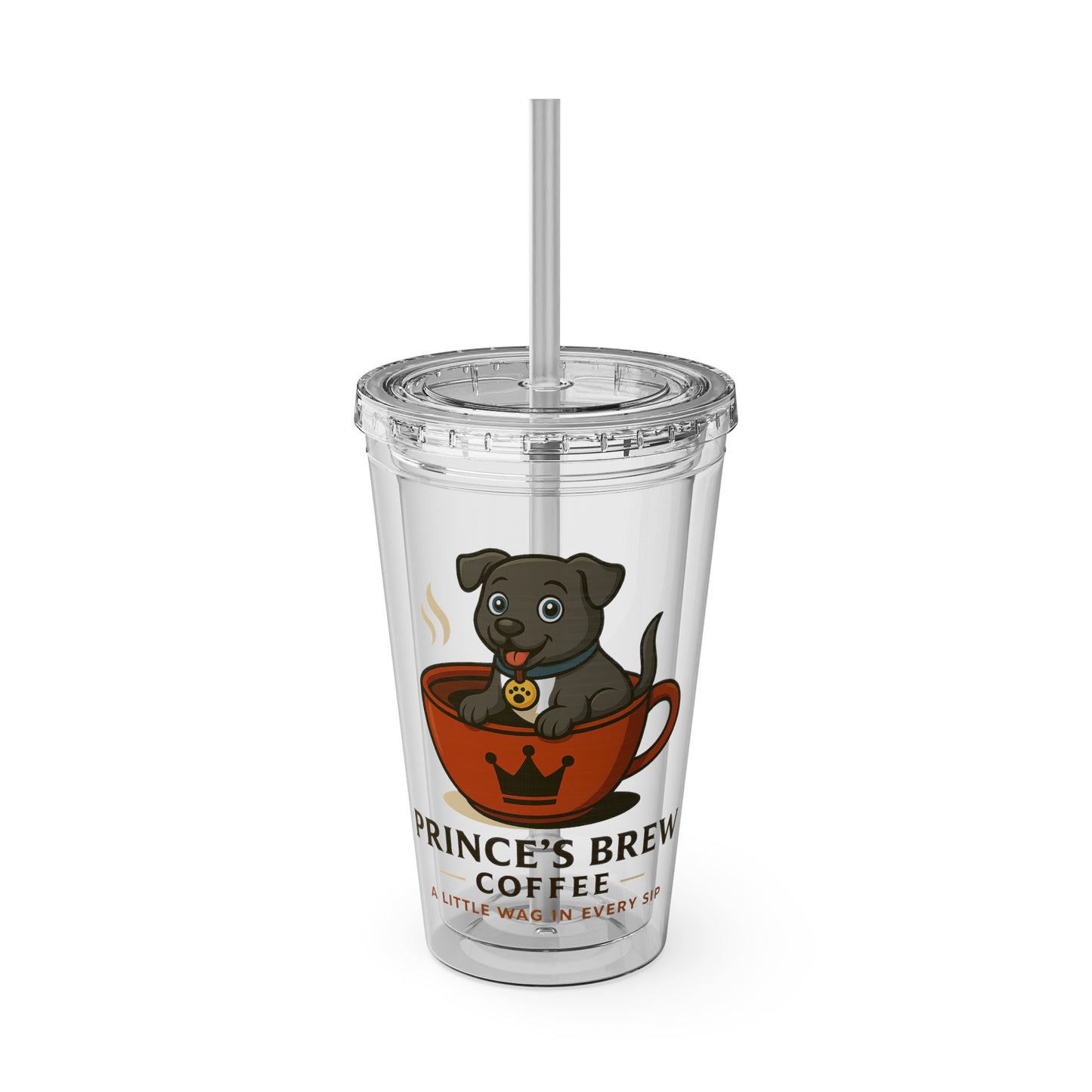 16oz Clear Tumbler with Straw — Prince's Brew Coffee Dog Design