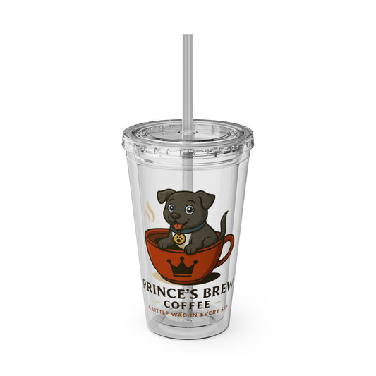 16oz Clear Tumbler with Straw — Prince's Brew Coffee Dog Design