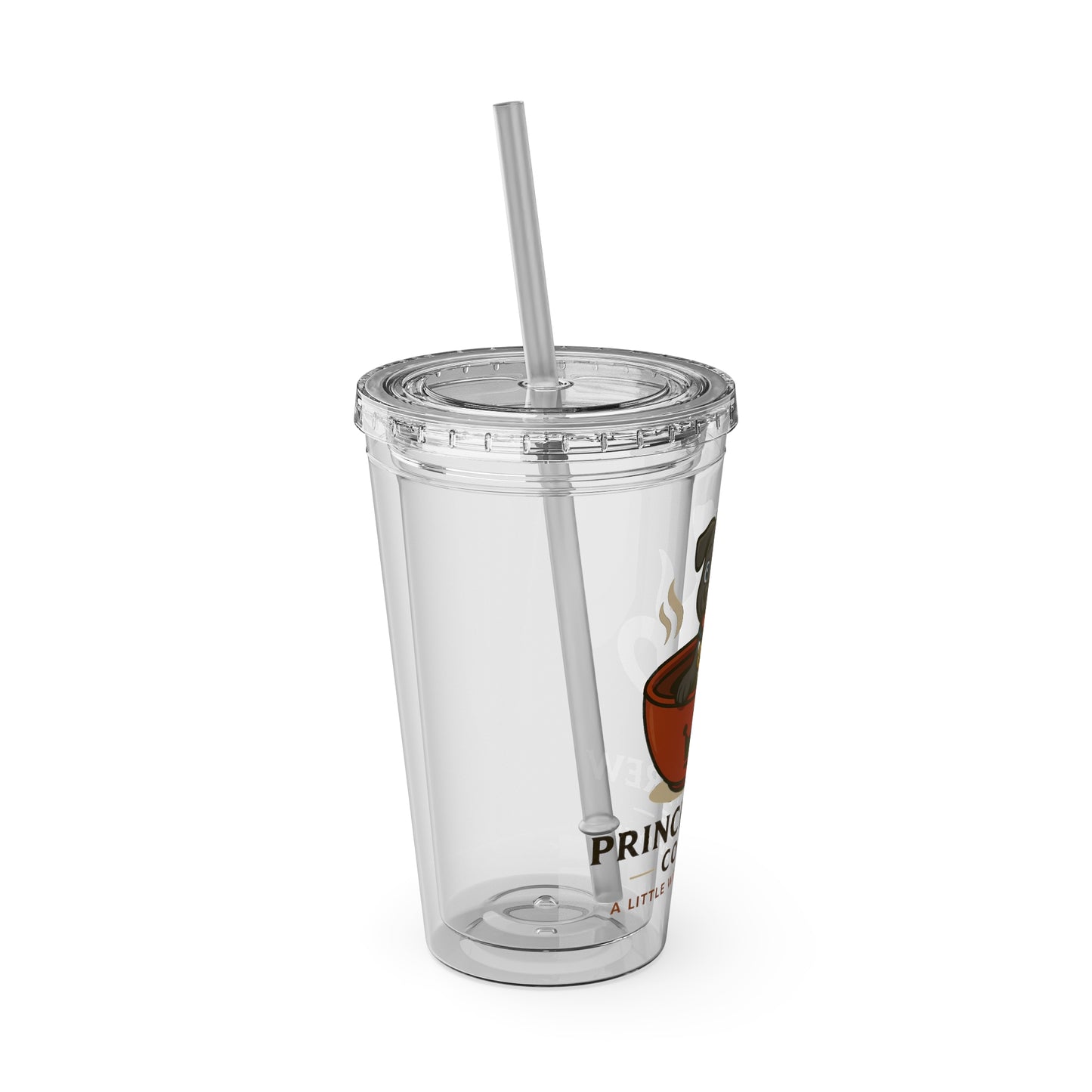 16oz Clear Tumbler with Straw — Prince's Brew Coffee Dog Design