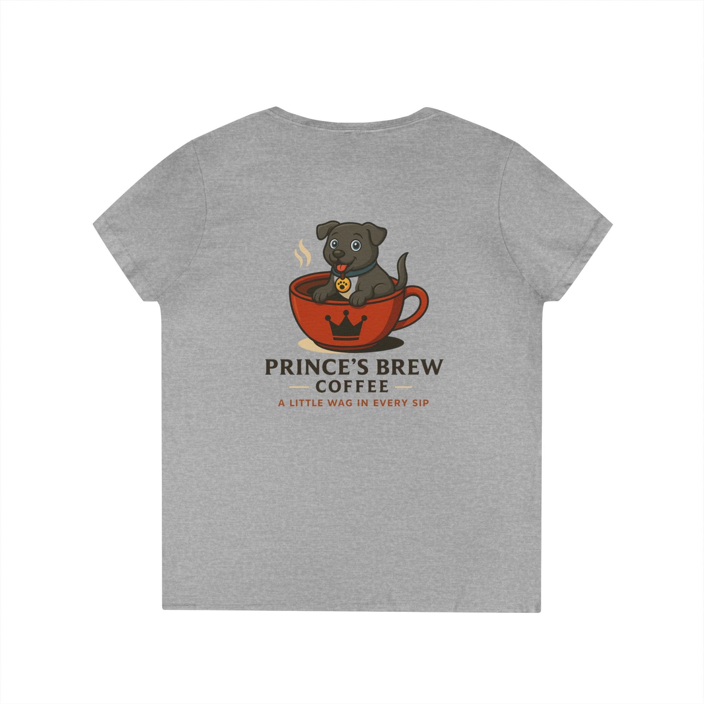 Prince’s Brew Coffee V-Neck Tee — 'A Little Wag in Every Sip'